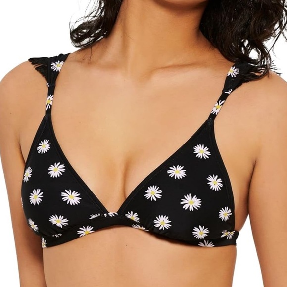 Hula Honey Large Daisy Dog Print Ruffle Triangle Bikini Top Black M NWT - Picture 1 of 8
